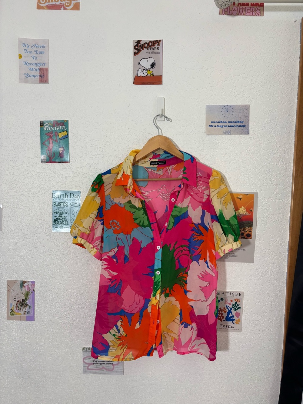 SHEIN Pink Orange Blue Tropical Floral Shirt